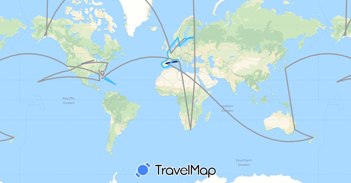 TravelMap itinerary: driving, plane, boat in Australia, Bahamas, Cuba, Germany, Denmark, Estonia, Egypt, Spain, Finland, France, United Kingdom, Italy, Japan, Monaco, Norway, New Zealand, Papua New Guinea, Portugal, Russia, Sweden, United States, British Virgin Islands, South Africa (Africa, Asia, Europe, North America, Oceania)